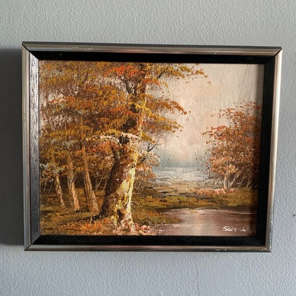 VTG Richard Schiller Autumn Forest Landscape Oil Painting Trees Stream Framed